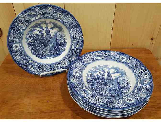 Vintage Liberty Blue Staffordshire Ironstone Soup Bowls, Set of Six - Old Norh Church