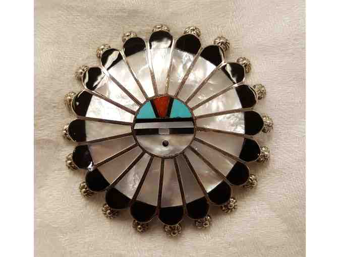 Sterling, Mother of Pearl and Onyx Pendant/Pin, Sun Symbol