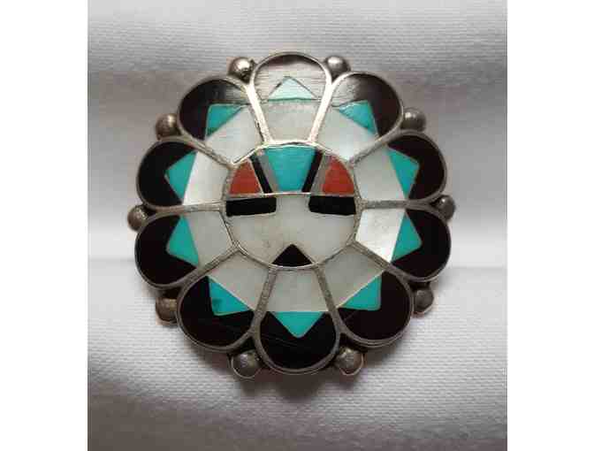 Sterling, Turquoise, Mother of Pearl and Onyx Ring, Sun Symbol