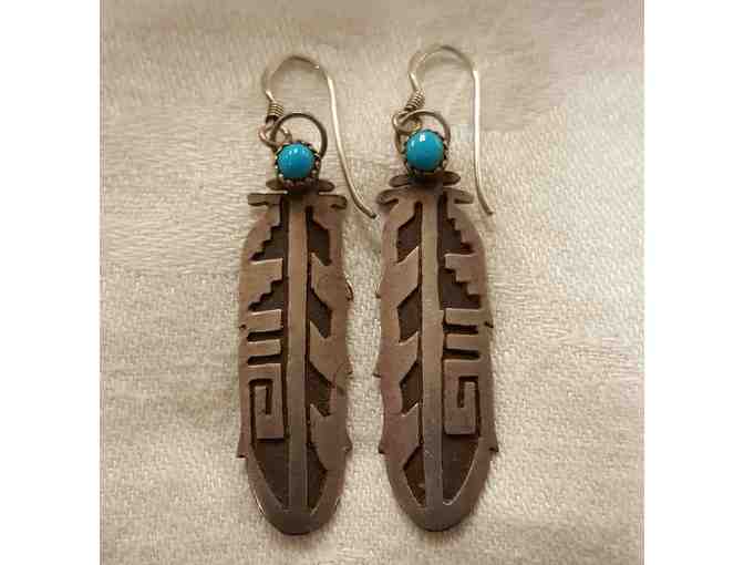 Vintage Sterling Silver and Turquoise Feather Earrings, Navajo