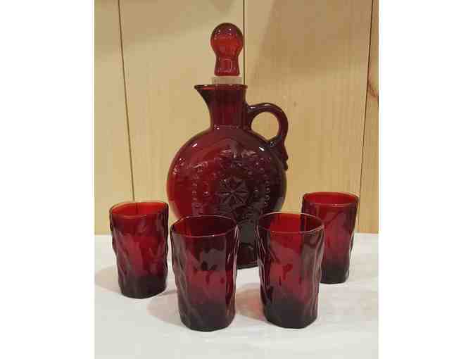 Vintage Wheaton Glass Ruby Red Decanter Set - with Four Glasses