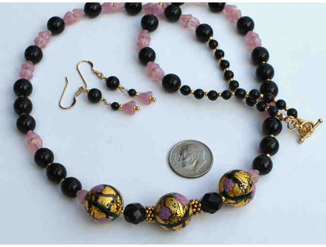Gold and Pink Lampwork Art Glass with Onyx - Necklace and Earring Set