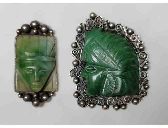 Vintage Mexican Jade and Sterling Silver Brooches, Set of Two
