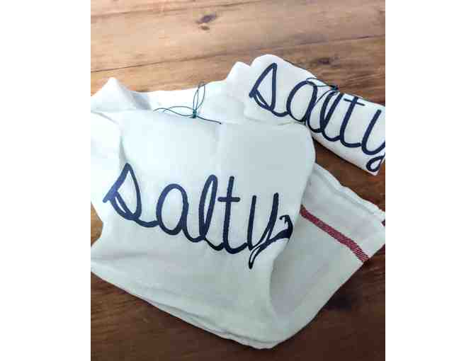 IN THE KITCHEN - ARTFUL TOWELS PAIR OF 'SALTY' LINEN TOWELS FROM LOCAL FASHION BOUTIQUE