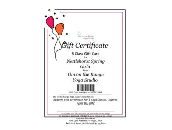 5 Yoga Class Gift Certificate for Om on the Range Yoga Studio