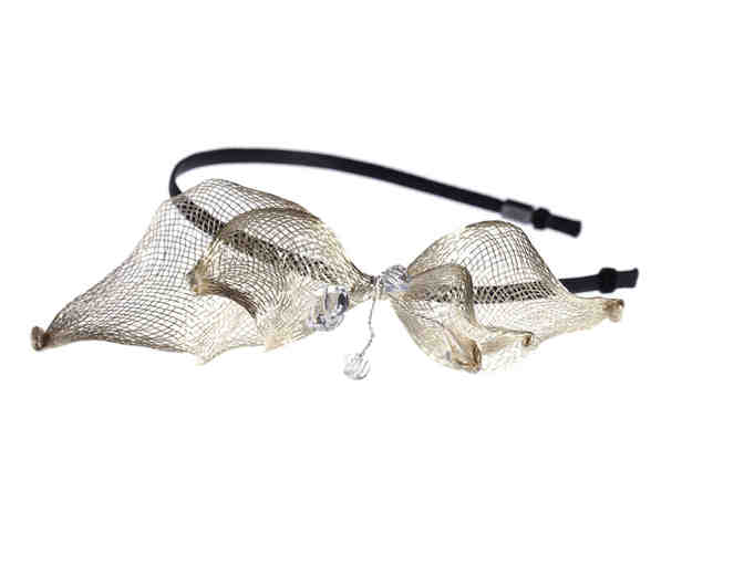 Colette Malouf Rock Crystal and Mesh Long Flower Headband in Gold & Black