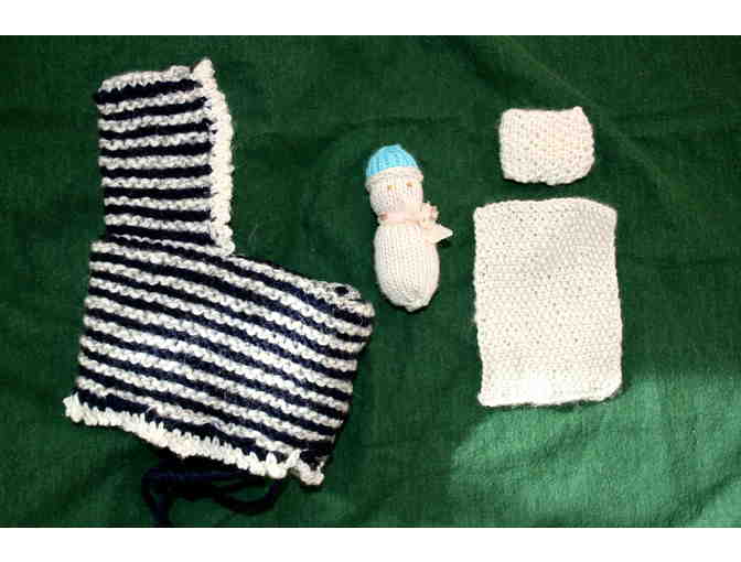 Knitted Snowbaby with Pillow and Blanket in Striped Take-along Convertible Cradle