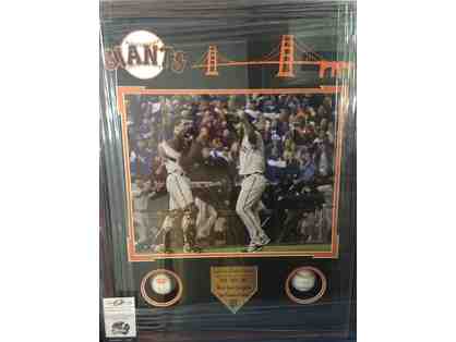 Framed SF Giants Posey & Bumgarner World Series Photograph and Autographed Baseballs