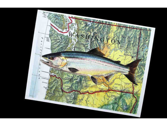 Washington Salmon Watercolor on 8X10 Map print