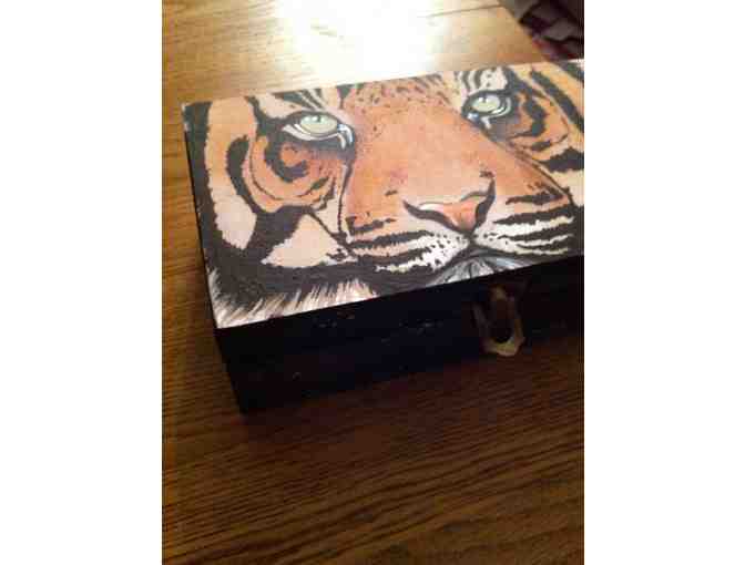Tiger Box , Wooden Hand painted Lovely whimsical wooden trinket box painted with acrylic p