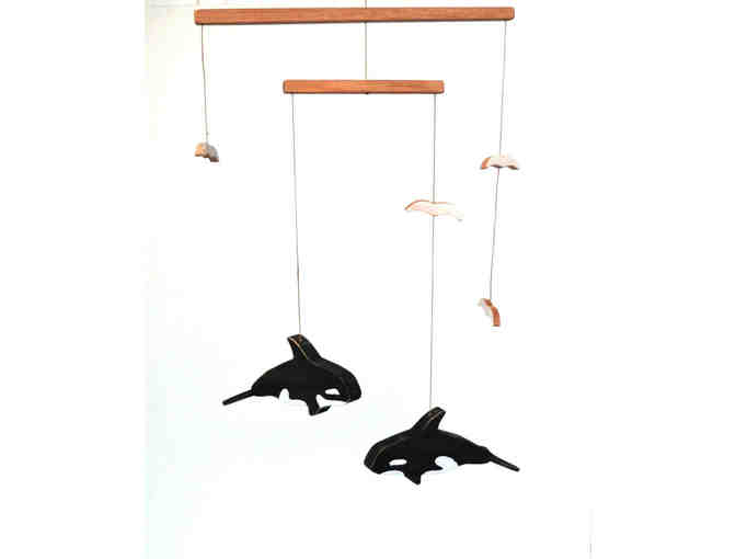 Recycled wooden whale and seagulls mobile