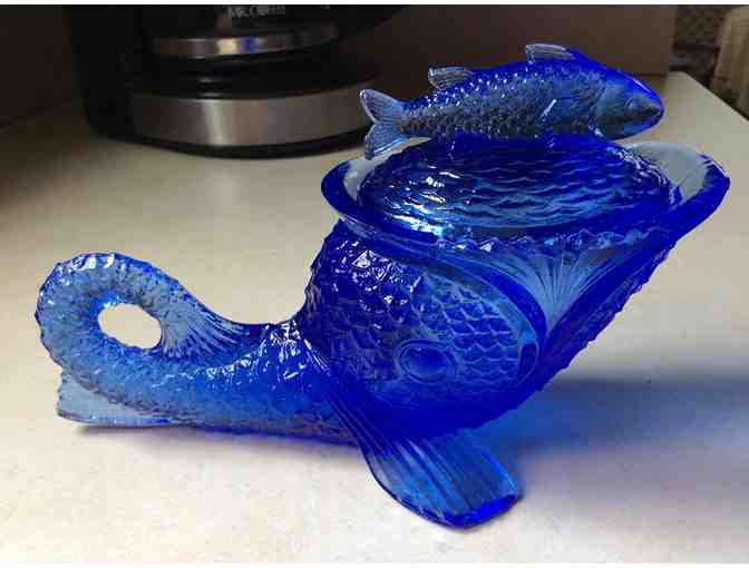 Blue Glass Fish Covered Candy Dish