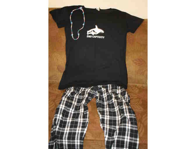 End Captivity Pajamas (XL) and Hand-Knotted Dolphin Necklace.