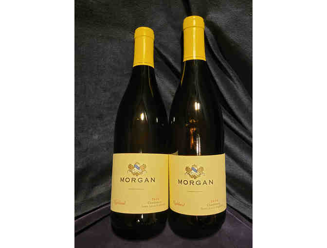 7. Morgan Winery 2020 Chardonnay (2 bottles) with stemless wine glasses.