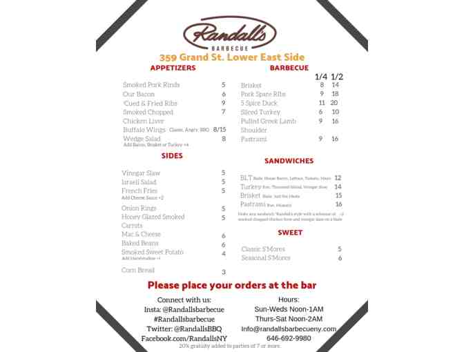 $50 Gift Certificate - Randall's Barbecue NY