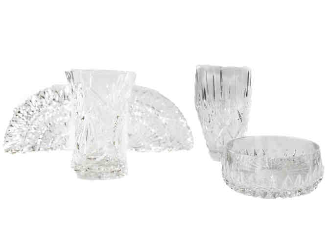 Crystal Vases, bowl, and Bookend Set