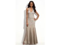 Adrianna Papell Silver Sequin Halter Gown