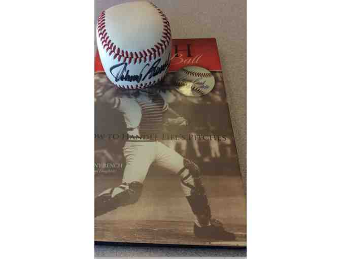 Signed Johnny Bench book, baseball replica paperweight