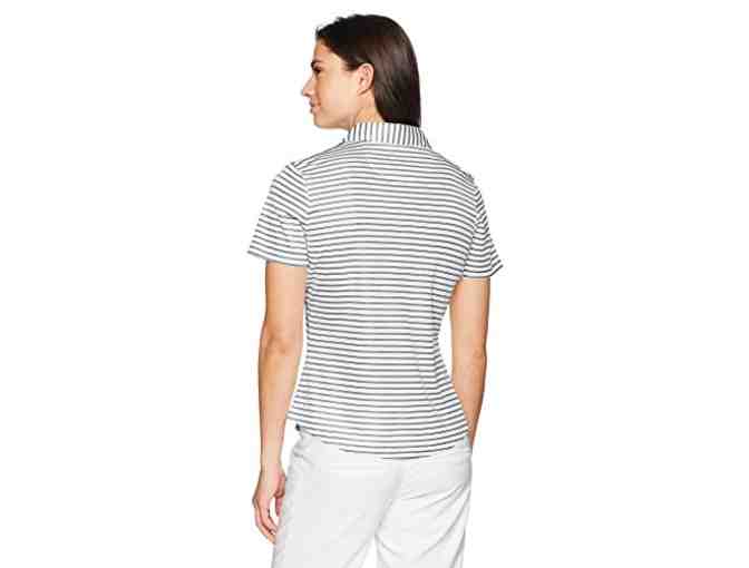 Greg Norman Woman's Golf Shirt (Black and White Stripes) - Size M