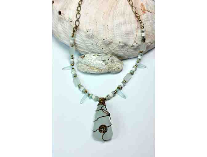 Beth Mann Jewelry - Sea-foam Green Beach Glass Pendant with Kiwi Jasper and Shell Accents