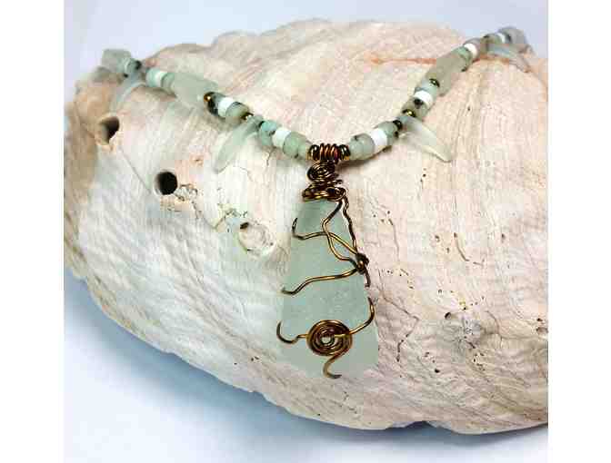Beth Mann Jewelry - Sea-foam Green Beach Glass Pendant with Kiwi Jasper and Shell Accents
