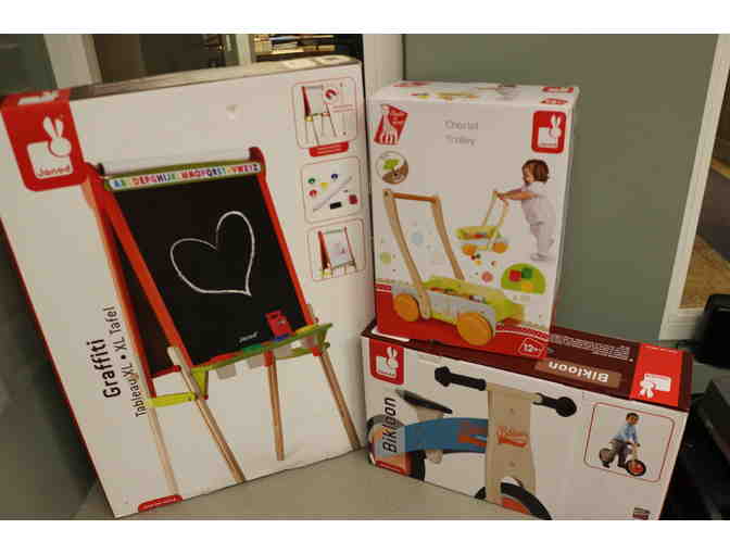 Toddler French Play and Learn Package (bike and helmet, walker, art easel, learning toys)