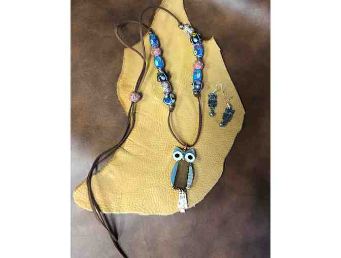 Amusing Unconventional Brass and Wood Owl Necklace and Earrings