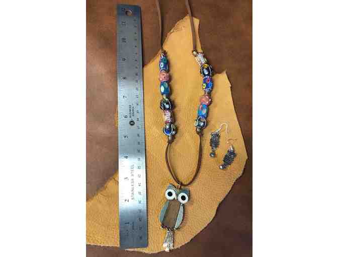 Amusing Unconventional Brass and Wood Owl Necklace and Earrings