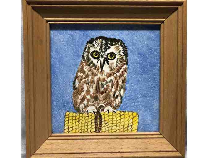Set of Owl Painted Ceramic Tiles and Bell