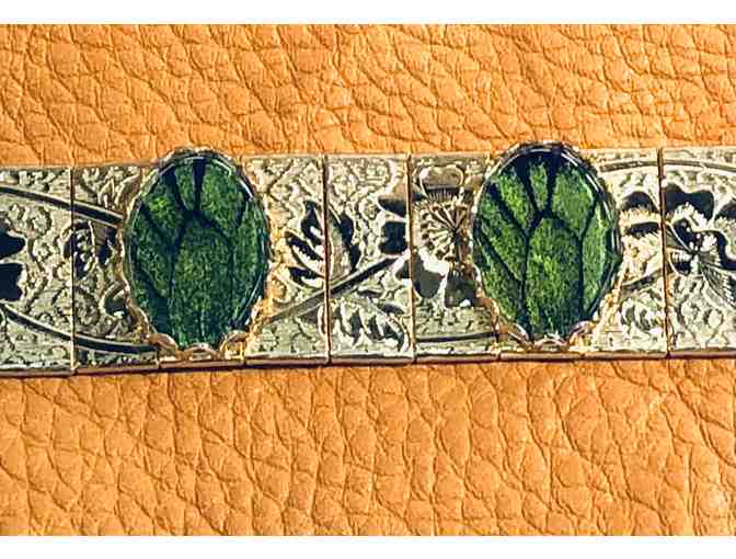 Gold Bracelet with Green Butterfly Wing Inlay