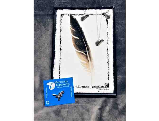 LIVE - Sterling Eagle Necklace, Earring and Pin Set with Framed Eagle Feather Painting