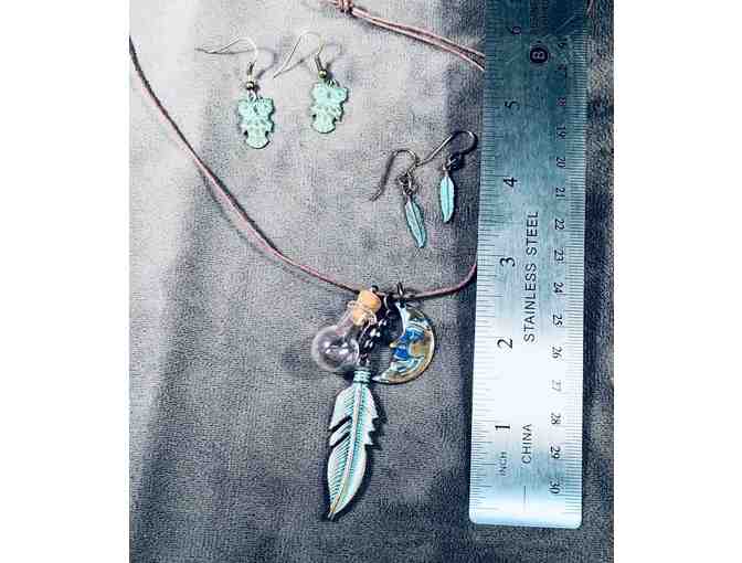 Feather and Moon Spirit Necklace and Earrings in Brass