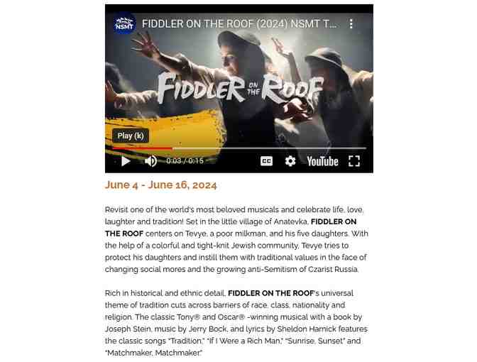Two Tickets, Live Performance of 'Fidler on the Roof' at North Shore Music Theater
