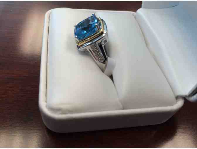 LORD & TAYLOR Sterling Silver and 14 Kt. Yellow Gold Blue Topaz Ring with Diamonds Size 7