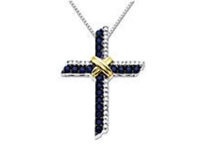 LORD & TAYLOR Sterling Silver and 14Kt. Yellow Gold Sapphire Cross Pendant with Diamonds
