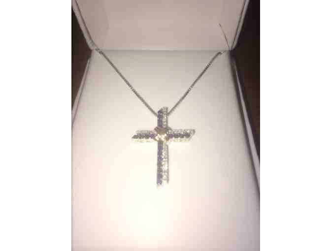 LORD & TAYLOR Sterling Silver and 14Kt. Yellow Gold Sapphire Cross Pendant with Diamonds