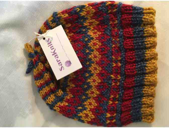 Teen-Adult Red Blue and Gold Fair Isle hat by SaraKnits