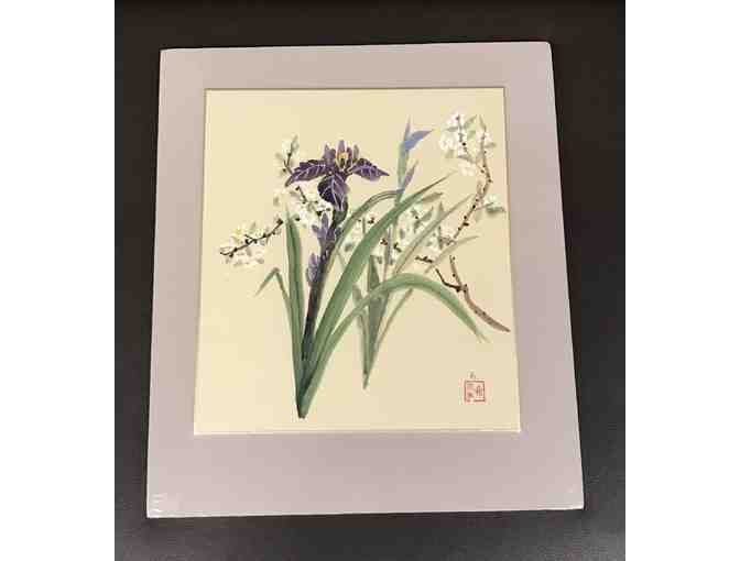 Purple Iris & Apple Blossoms Oriental Brush Painting
