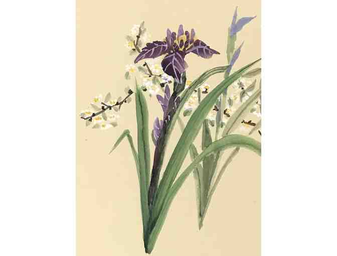 Purple Iris & Apple Blossoms Oriental Brush Painting