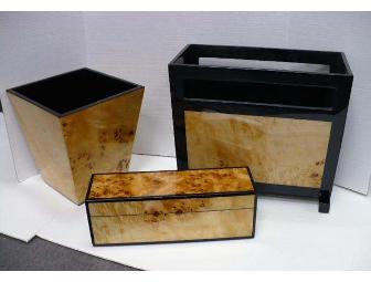 3 Piece Office Set: Black Lacquer with Mappa Burl inlay