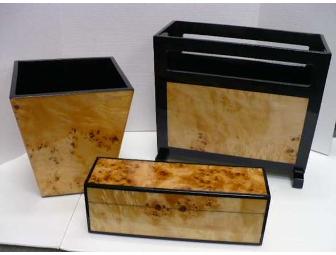 3 Piece Office Set: Black Lacquer with Mappa Burl inlay