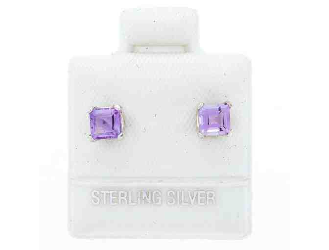 Sterling Silver Princess Cut Genuine Amethyst Earrings .70ct. - Photo 1