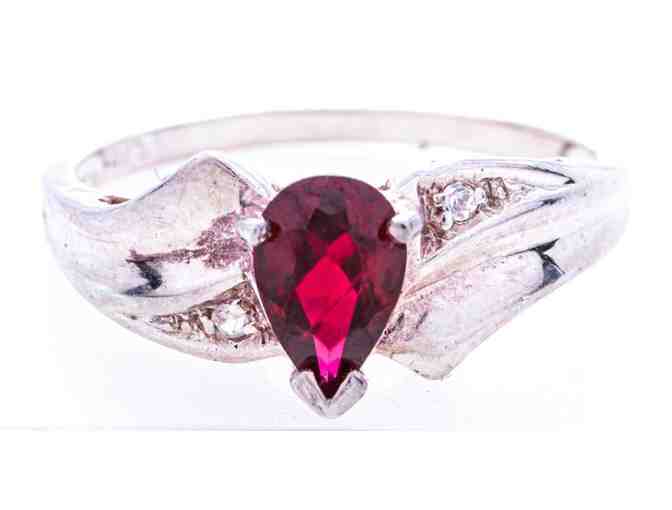 925 Sterling Silver Pear Cut ruby & Diamond Ring, Size 7 - Photo 2