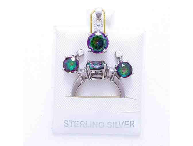 925 Sterling Silver Jewellery Set, Genuine Round Cut Mystic Topaz, Earring, Pendant & Ring - Photo 1