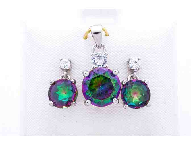 925 Sterling Silver Jewellery Set, Genuine Round Cut Mystic Topaz, Earring, Pendant & Ring - Photo 2