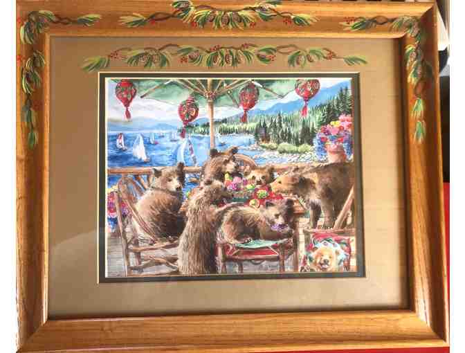 Bears at a Picnic 16 x 12 hand-painted frame and mat over print by Alice Shaw - Photo 2