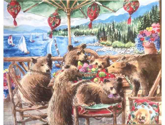 Bears at a Picnic 16 x 12 hand-painted frame and mat over print by Alice Shaw - Photo 1