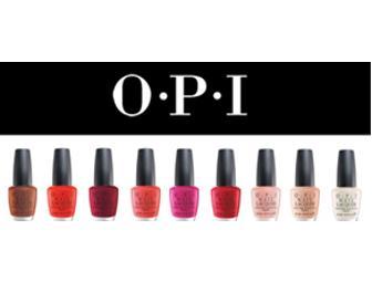 Basket of O.P.I. products for a do-it-yourself manicure and pedicure