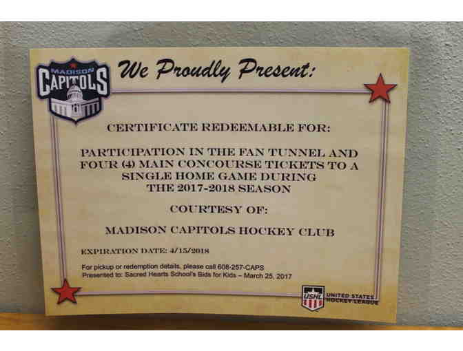 Four Tickets and Fan Tunnel at Madison Capitols Hockey - Photo 1