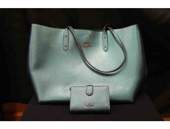 Coach Metallic Green Leather Town Tote and Wallet